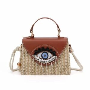 Woven Straw Top-Handle Bag with Brown Leather Flap and Beaded Eye